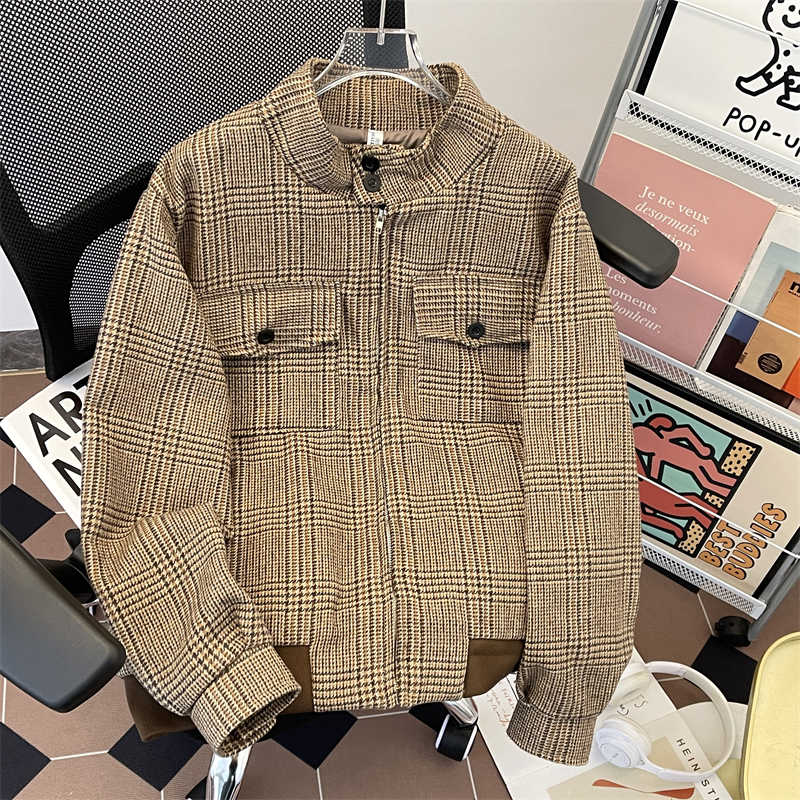 Harrington Jacket - Dames bruin geruite herfstjas jas vintage