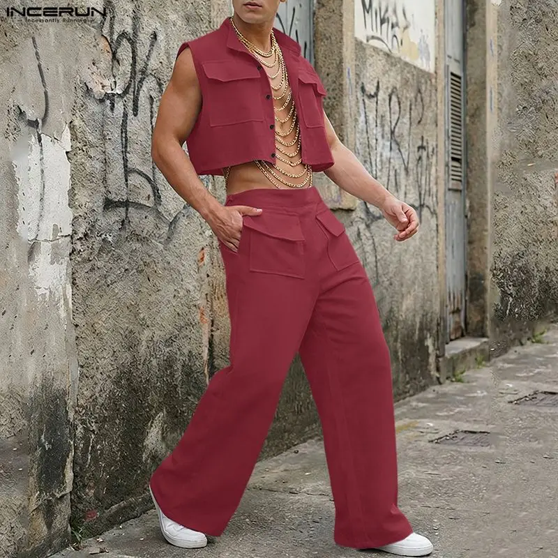 Queer Men'S Fashion - INCERUN Mannen Sets Solid Mouwloze Crop