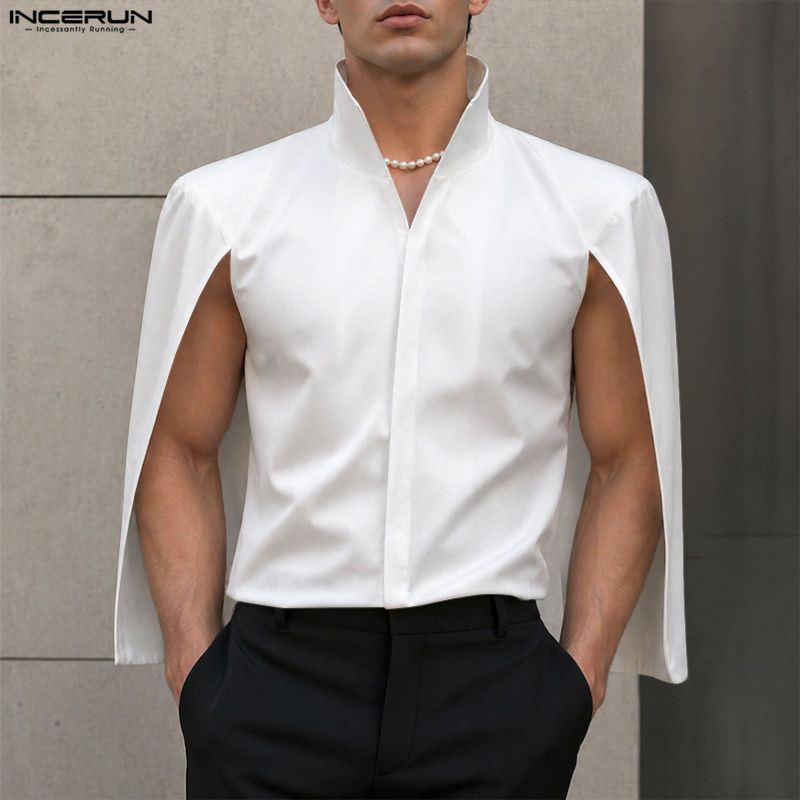 Mens Fashion Poncho - INCERUN mannen Shirt Effen Kleur Stand