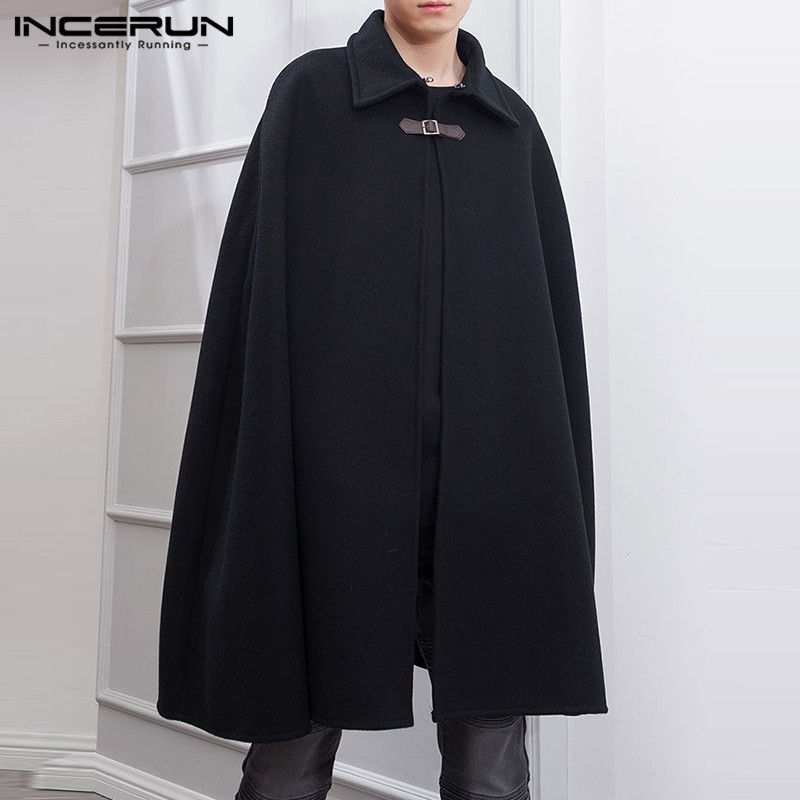 Mens Fashion Poncho - Mode Heren Mantel Revers Effen Kleur